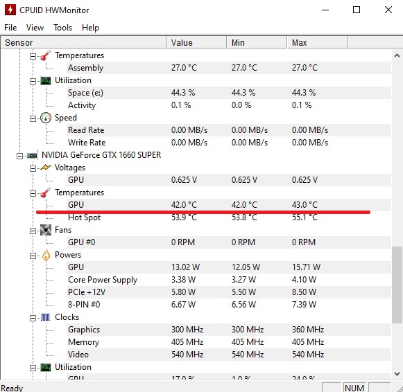 температура видеокарты через HWMonitor